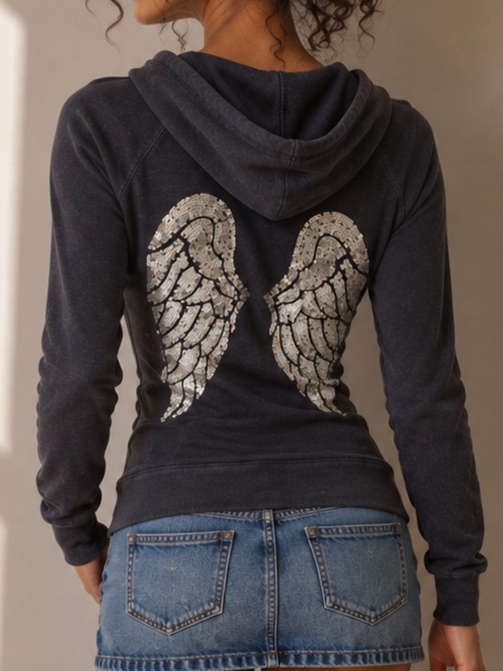 Vintage 2013 Victorias Secret Pink Gold Sequin Angel Wing Zip Up Hoodie